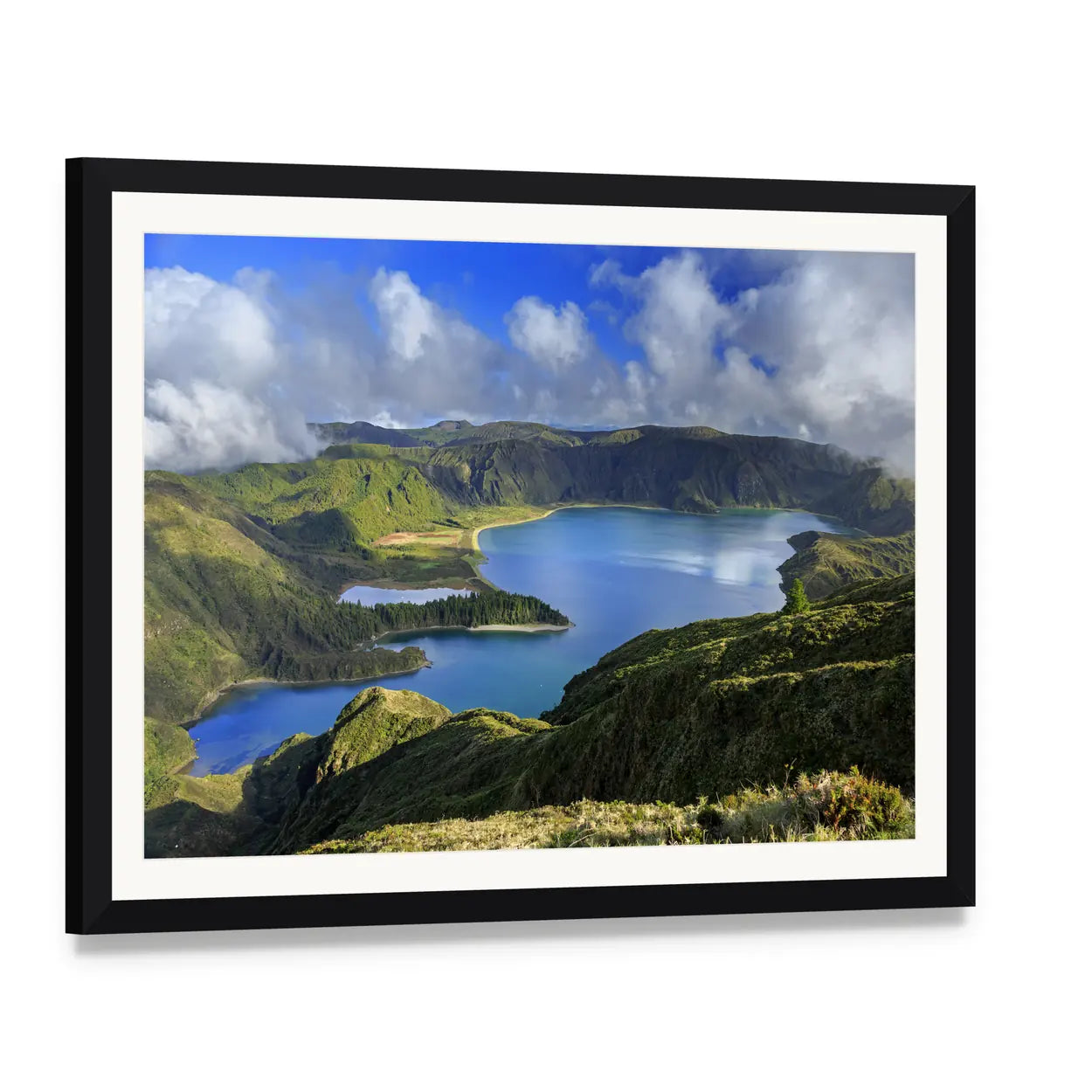 Caldera Lakes Over Lush Green Hills Canvas Wall Art, framed print with white mat and black frame, angled product view