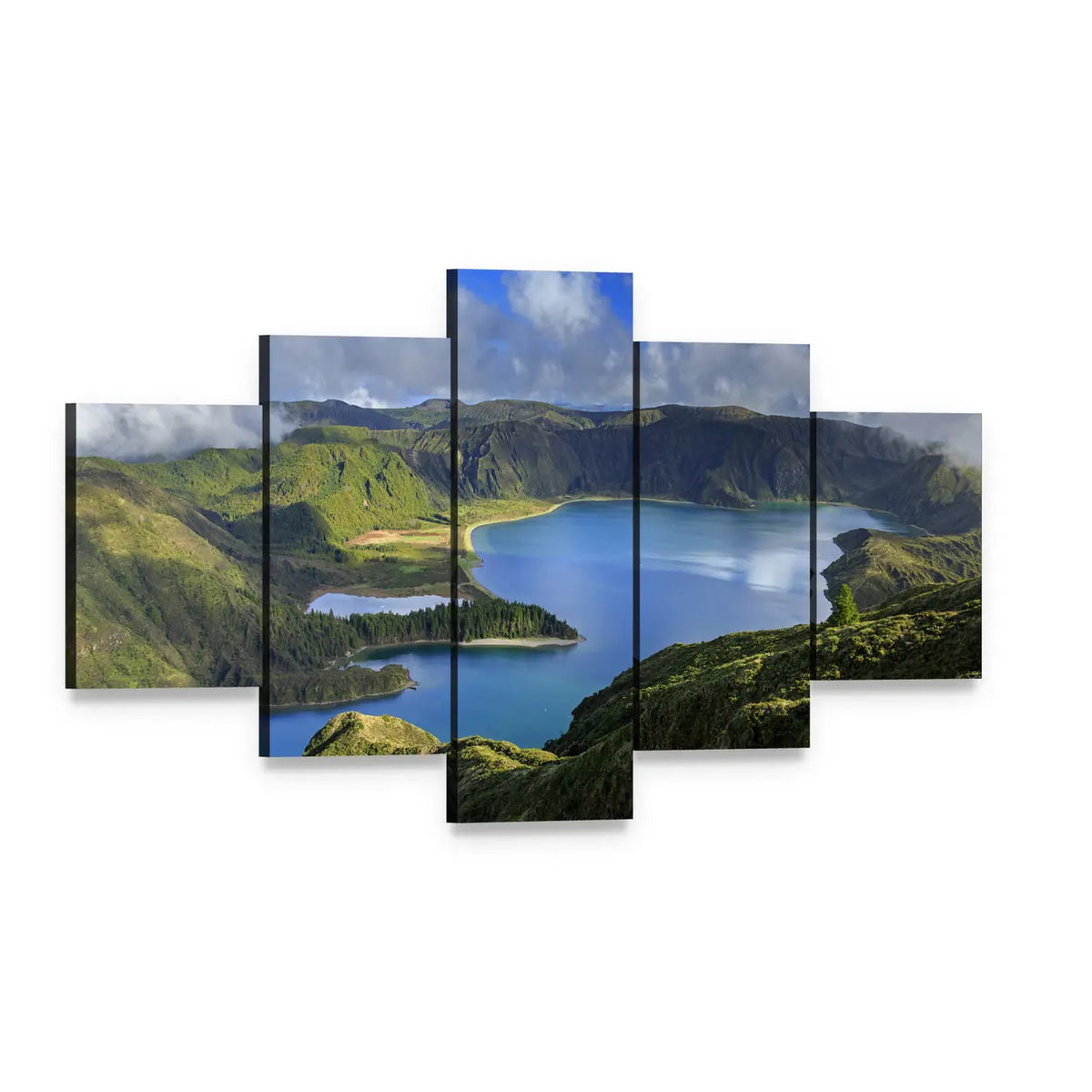 Caldera Lakes Over Lush Green Hills Canvas Wall Art, 5 panel 5 Star layout gallery wrapped canvas set, angled product view