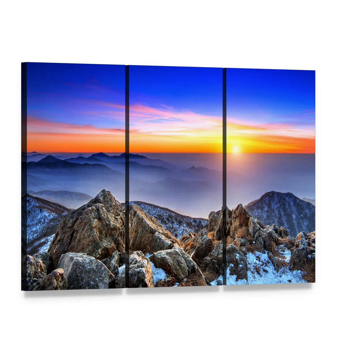 Deogyusan Sunrise Over Snow-capped Peaks Canvas Wall Art, 3 panel 3 Horizontal layout gallery wrapped canvas set, angled product view