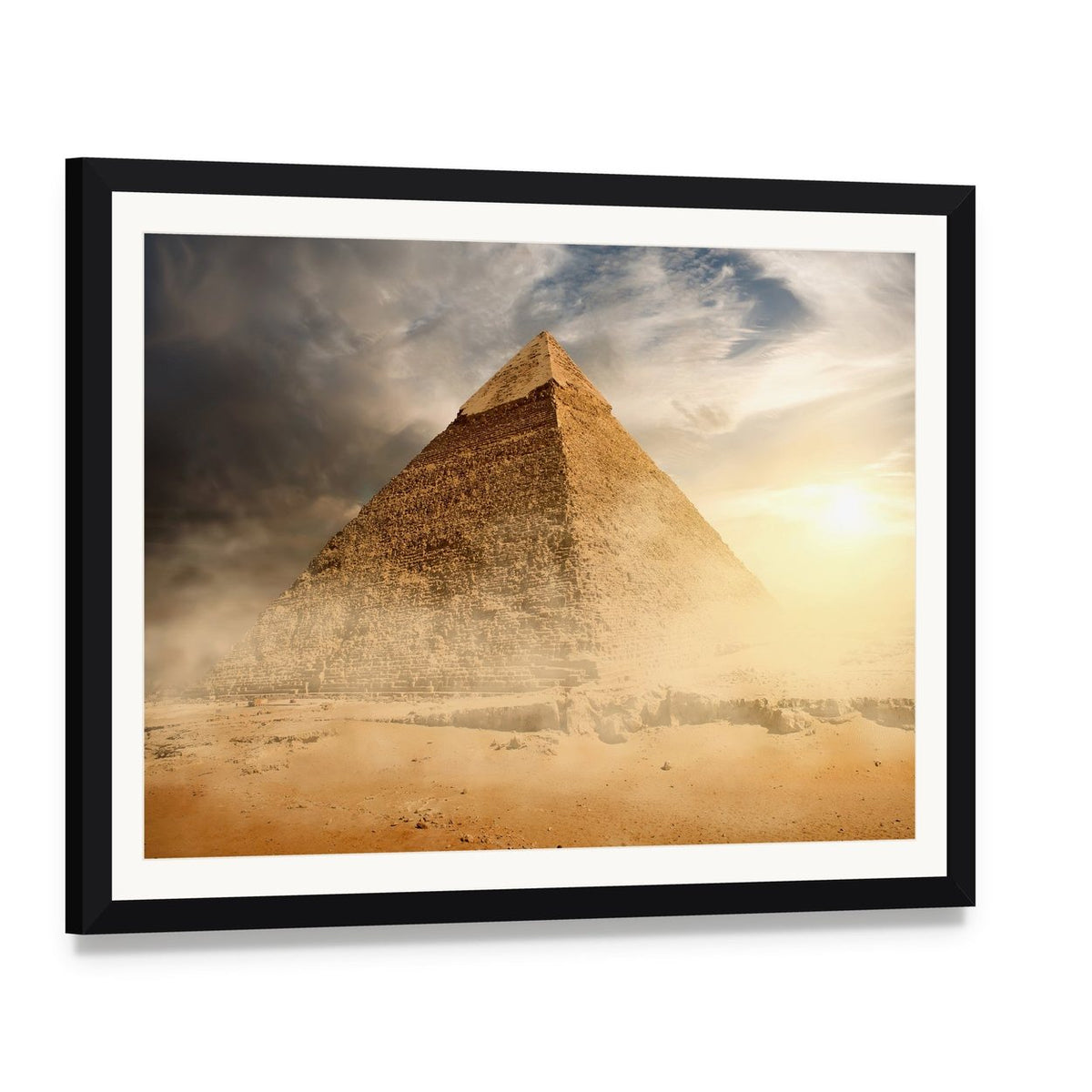 Pyramid Under Dusty Gray Clouds Canvas Wall Art, framed print with white mat and black frame, angled product view
