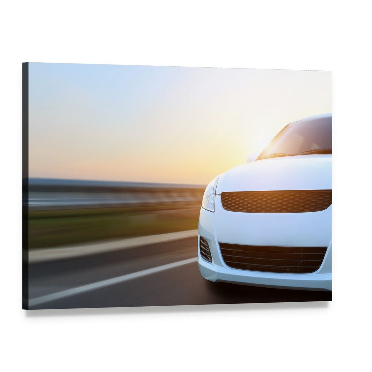 Car Speeding at Sunset Canvas Wall Art, single panel gallery wrapped canvas, angled product view