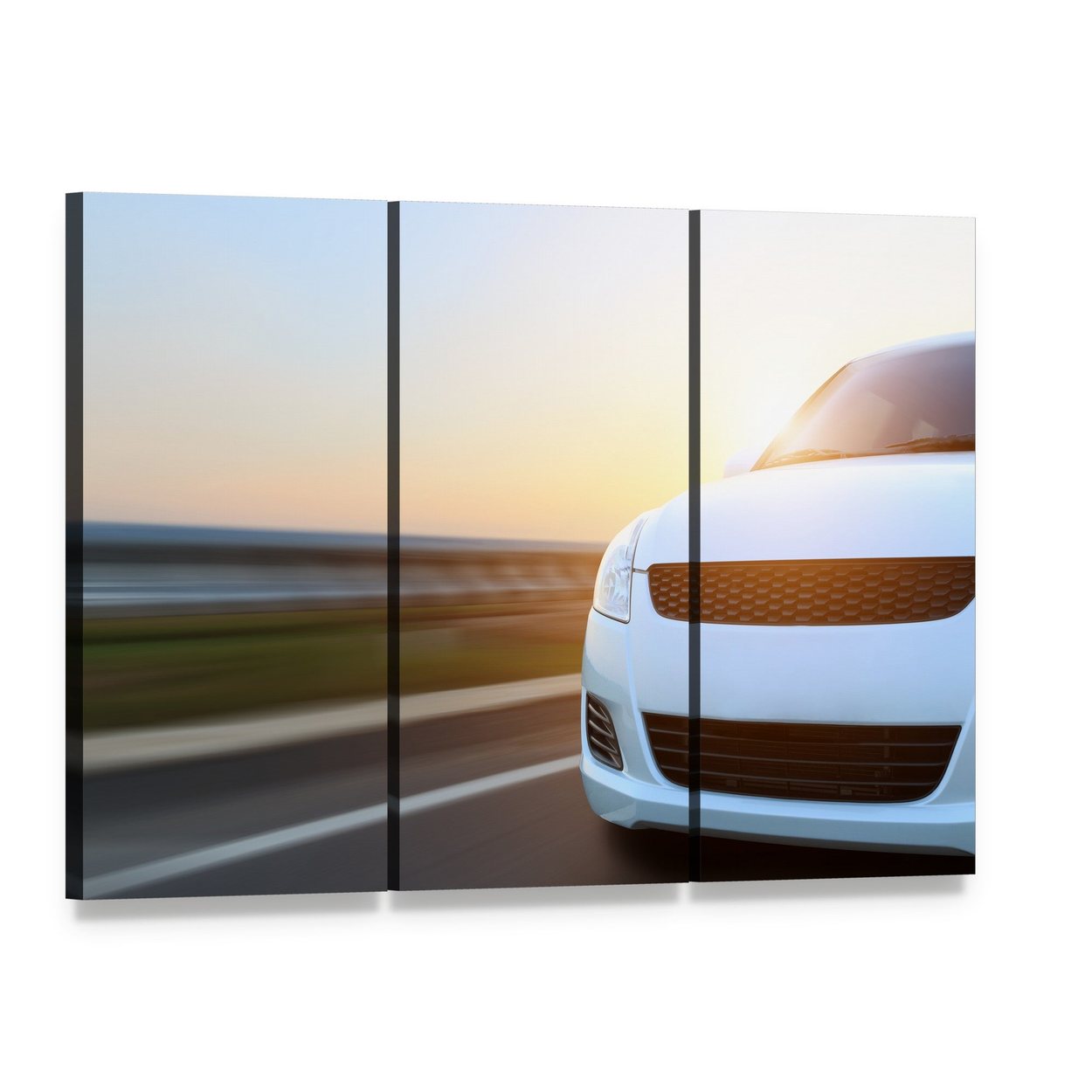 Car Speeding at Sunset Canvas Wall Art, 3 panel 3 Horizontal layout gallery wrapped canvas set, angled product view