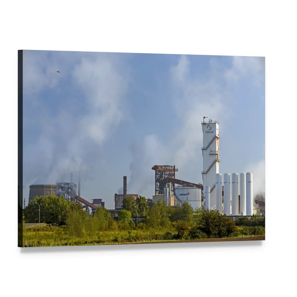 German Steel Plant with White Tanks Canvas Wall Art, single panel gallery wrapped canvas, angled product view