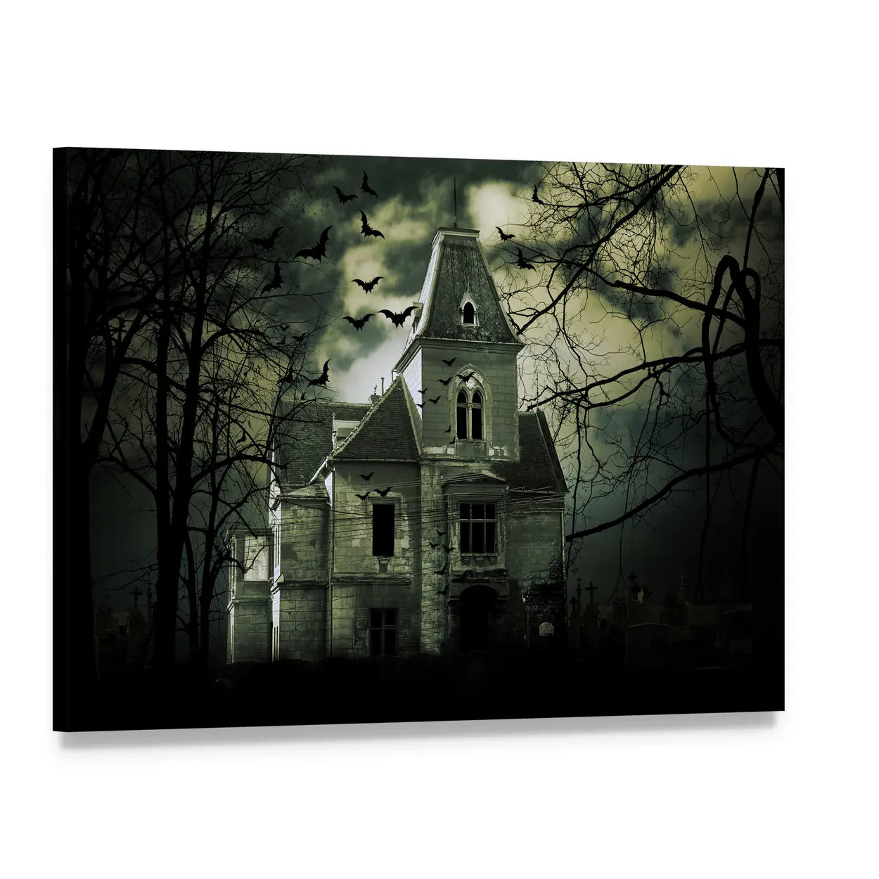 Gothic Haunted Mansion with Swarming Bats Canvas Wall Art, single panel gallery wrapped canvas, angled product view