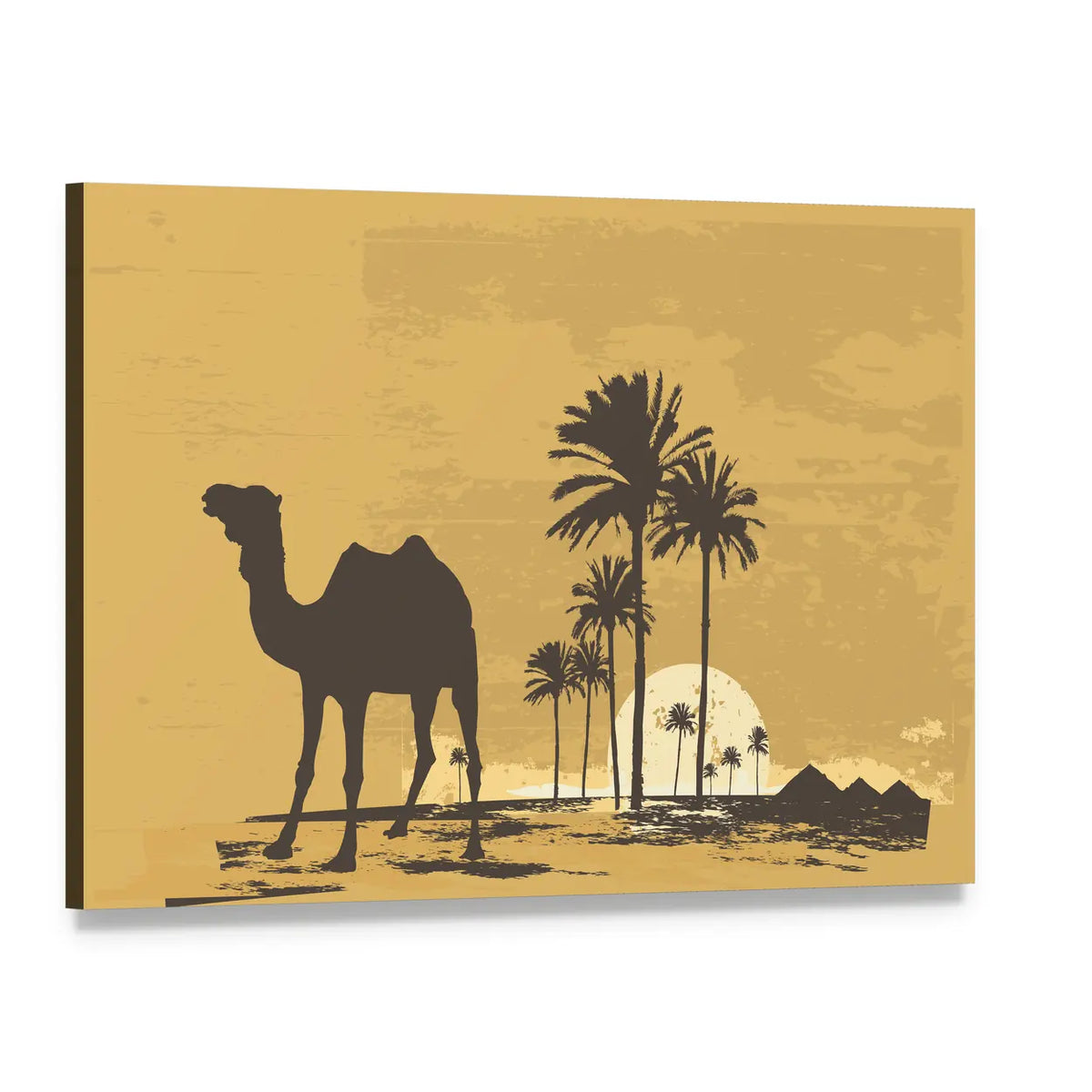 African Desert Sunset with Camel Silhouette Canvas Wall Art, single panel gallery wrapped canvas, angled product view