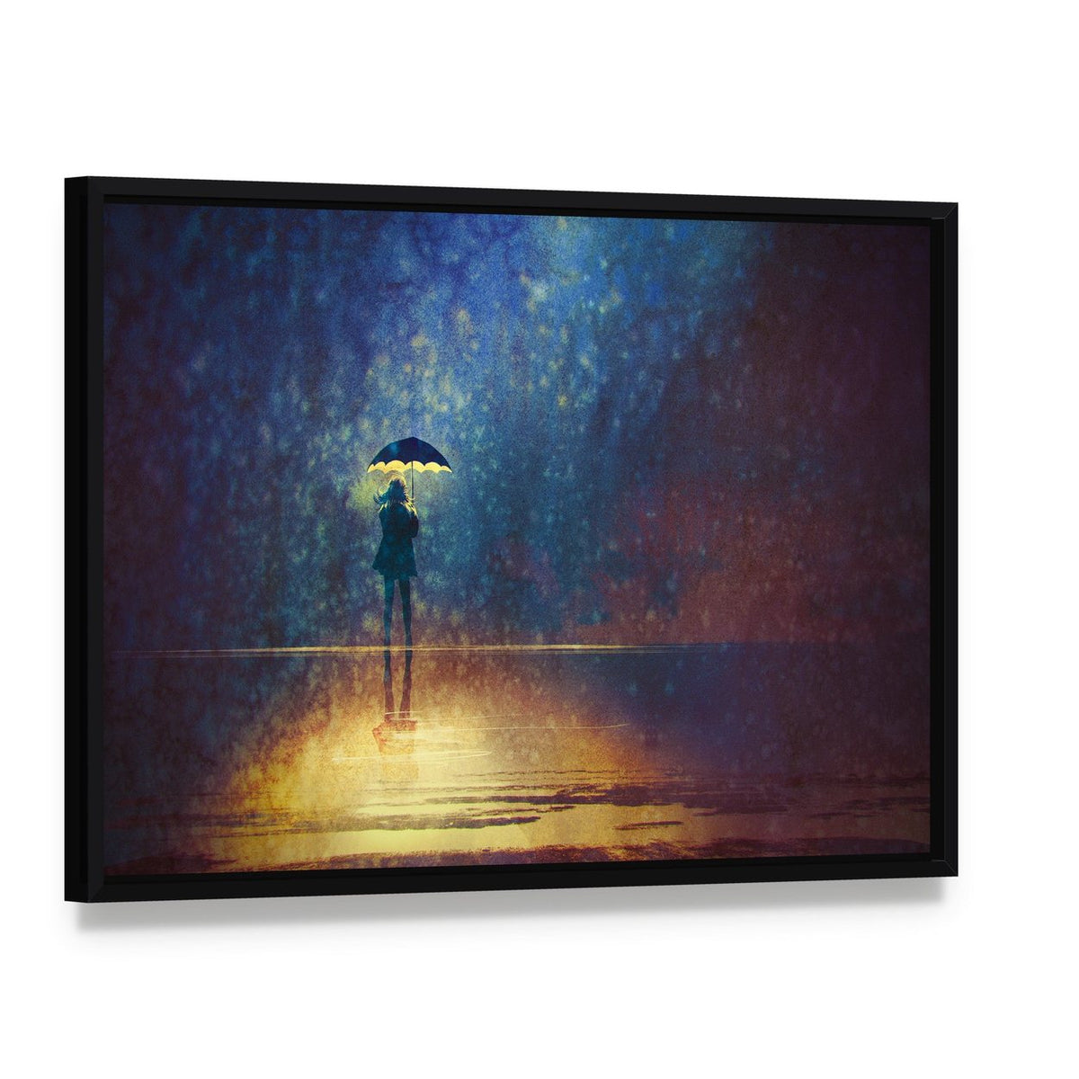 Woman Under Umbrella Canvas Wall Art, framed canvas in a black floater frame, angled product view