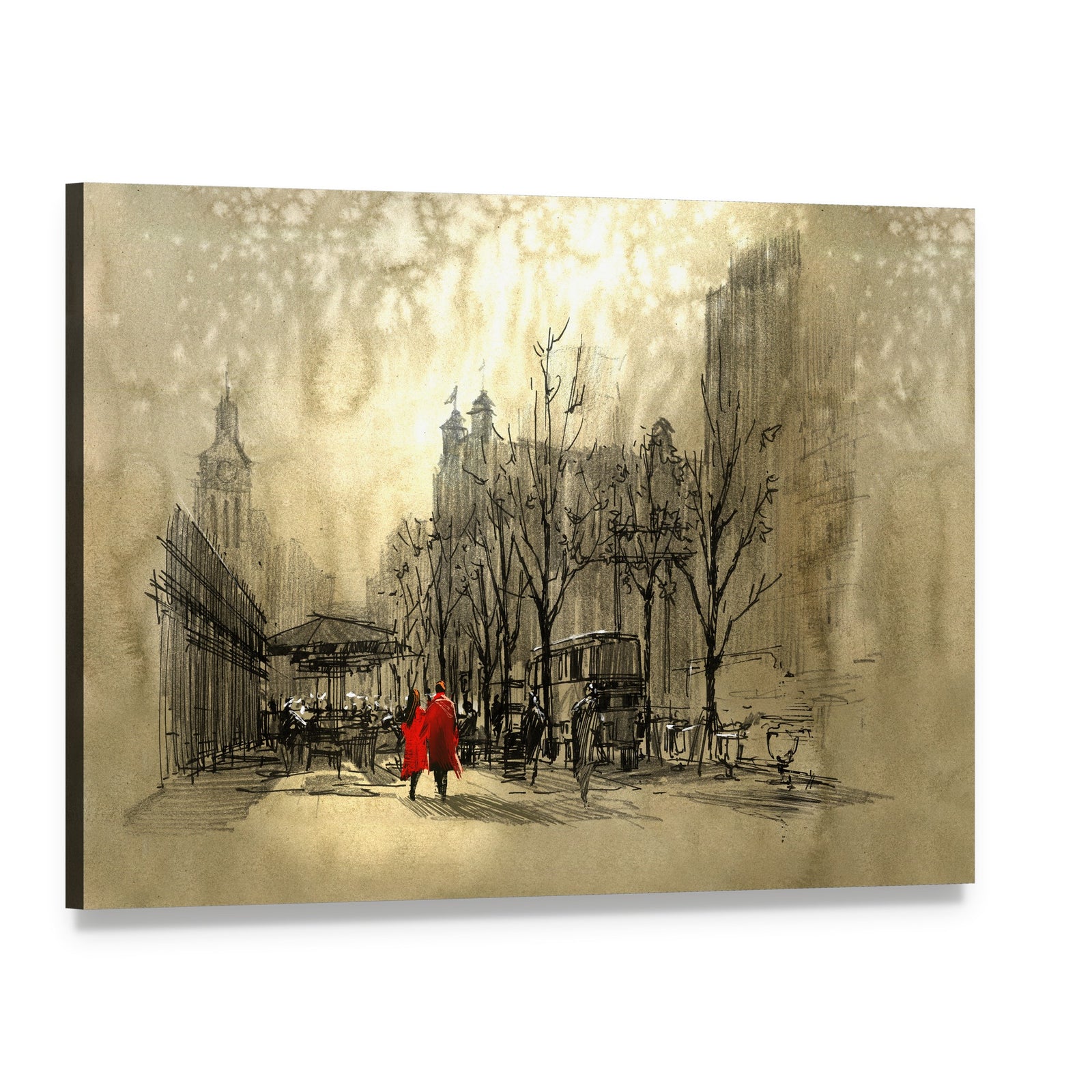 Couple in Red on Street Canvas Wall Art, single panel gallery wrapped canvas, angled product view