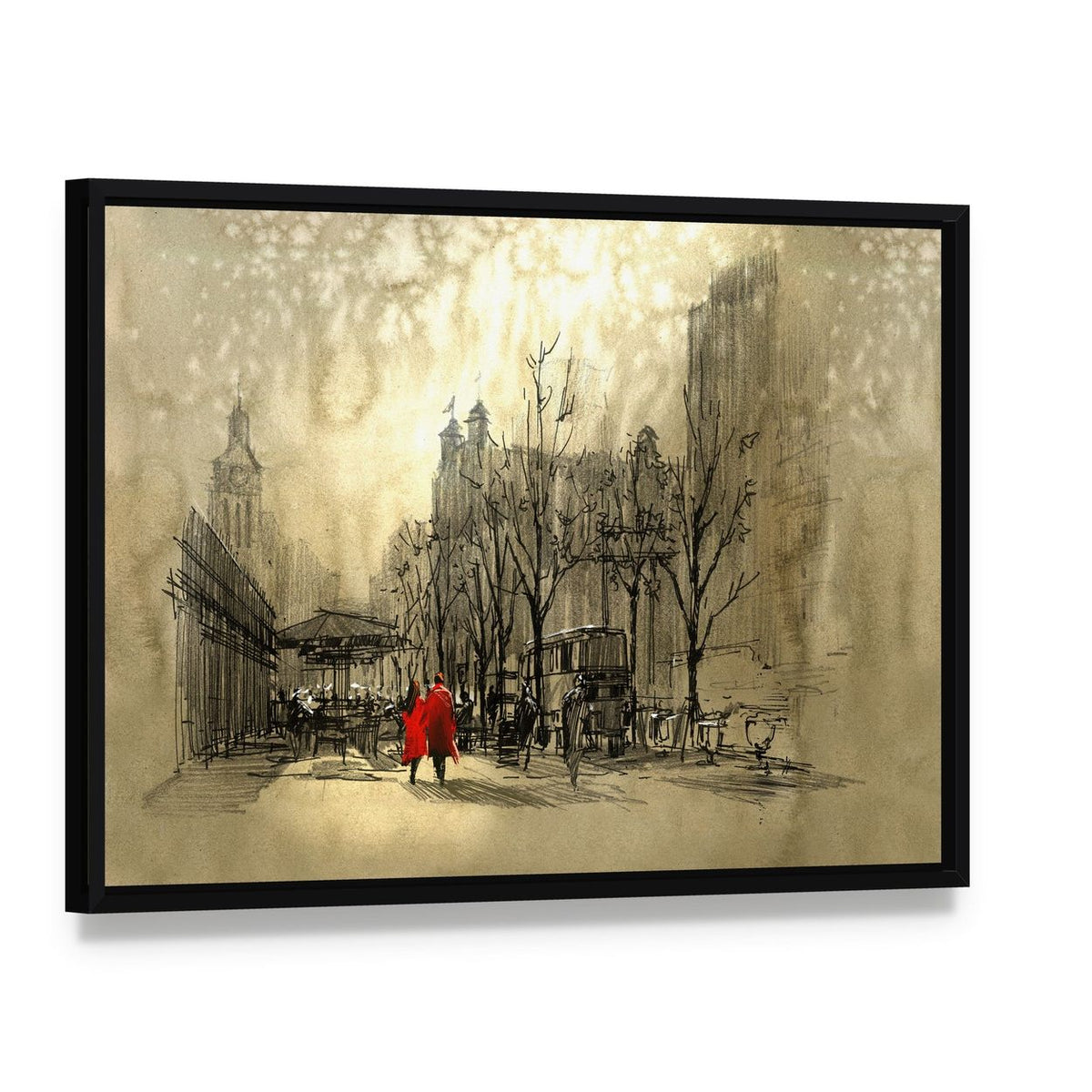 Couple in Red on Street Canvas Wall Art, framed canvas in a black floater frame, angled product view