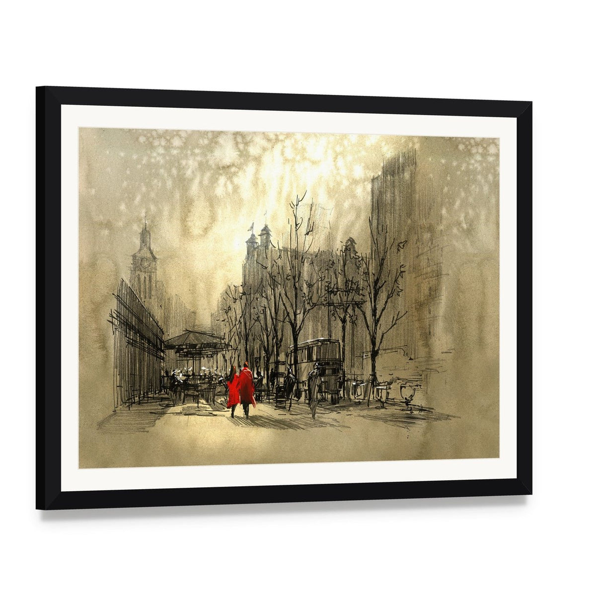 Couple in Red on Street Canvas Wall Art, framed print with white mat and black frame, angled product view
