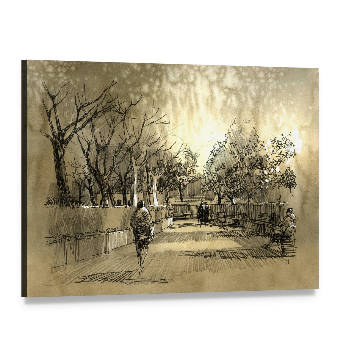 Sketch of City Park Walkway Canvas Wall Art, single panel gallery wrapped canvas, angled product view