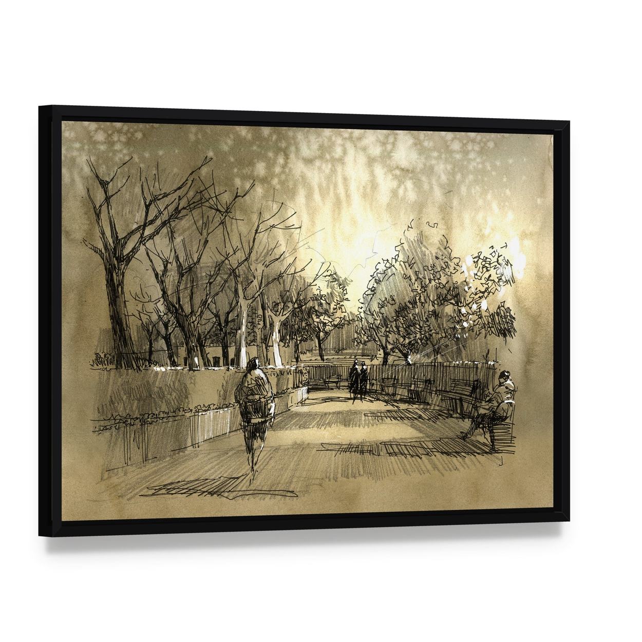 Sketch of City Park Walkway Canvas Wall Art, framed canvas in a black floater frame, angled product view