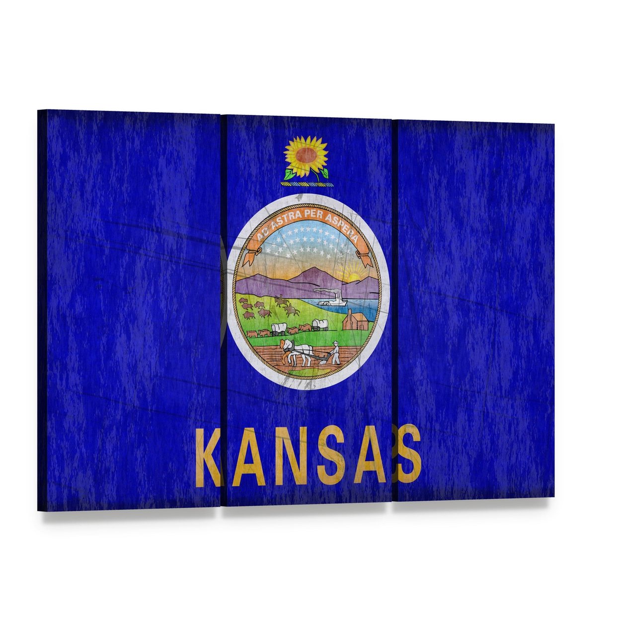 Vintage Kansas State Flag Canvas Wall Art, 3 panel 3 Horizontal layout gallery wrapped canvas set, angled product view