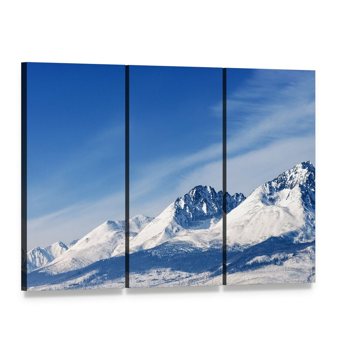Snow-capped Tatry Summit Canvas Wall Art, 3 panel 3 Horizontal layout gallery wrapped canvas set, angled product view