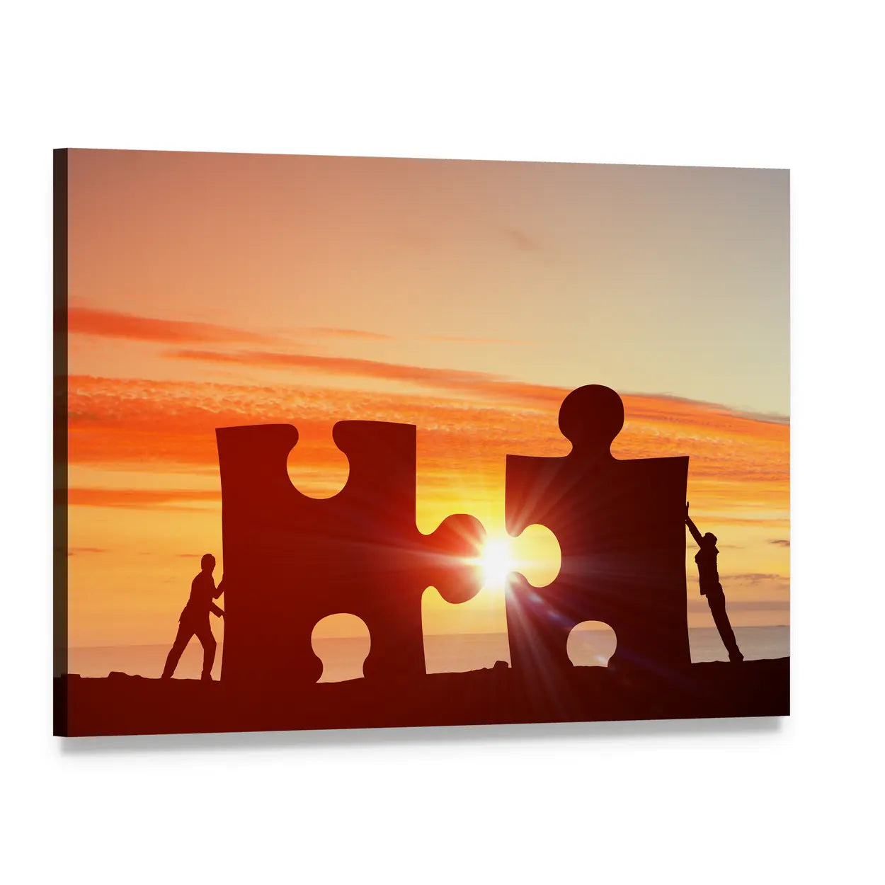 Silhouettes Joining Puzzle Pieces Canvas Wall Art, single panel gallery wrapped canvas, angled product view