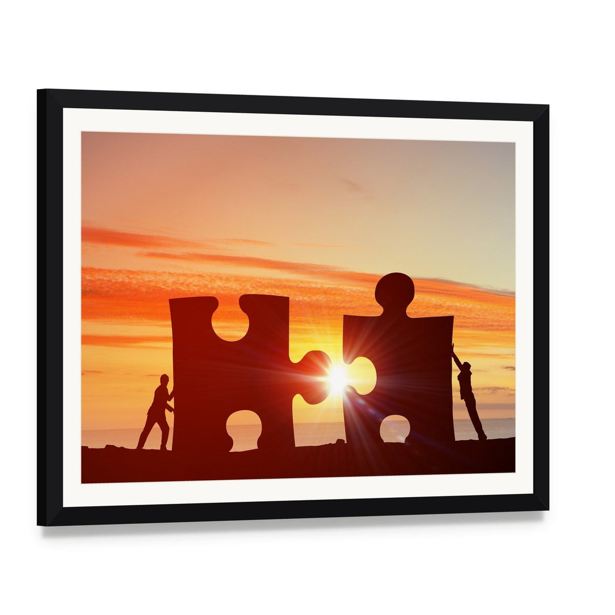 People Connecting Puzzle Pieces Canvas Wall Art, framed print with white mat and black frame, angled product view
