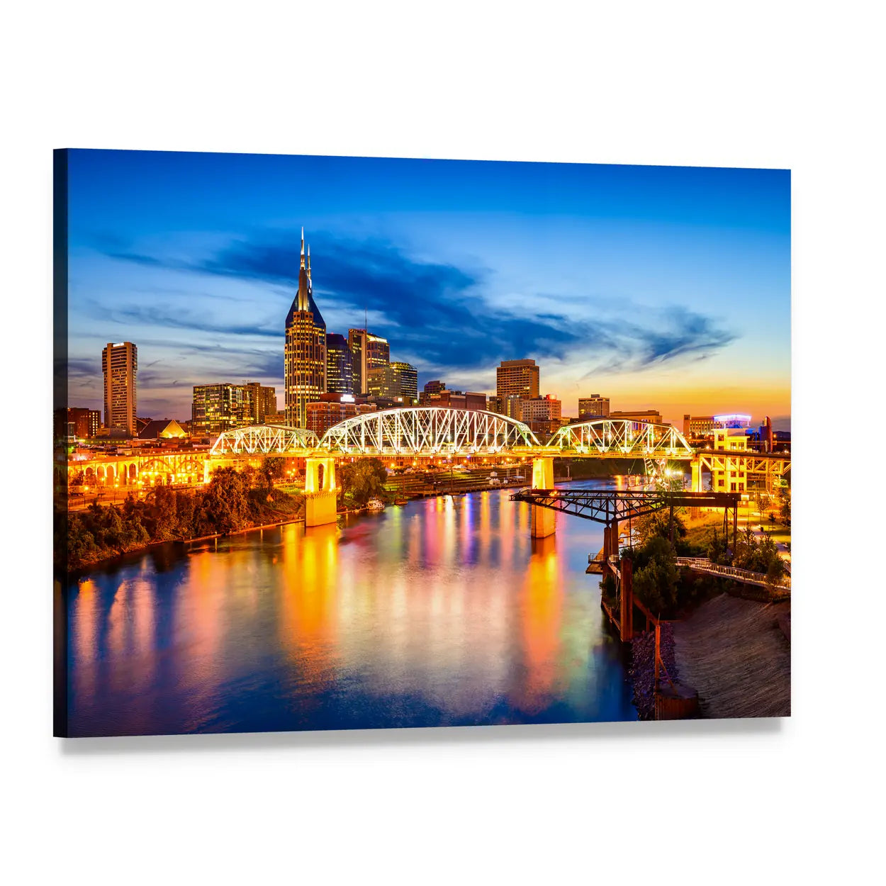 Nashville Skyline with Pedestrian Bridge at Dusk Canvas Wall Art, single panel gallery wrapped canvas, angled product view