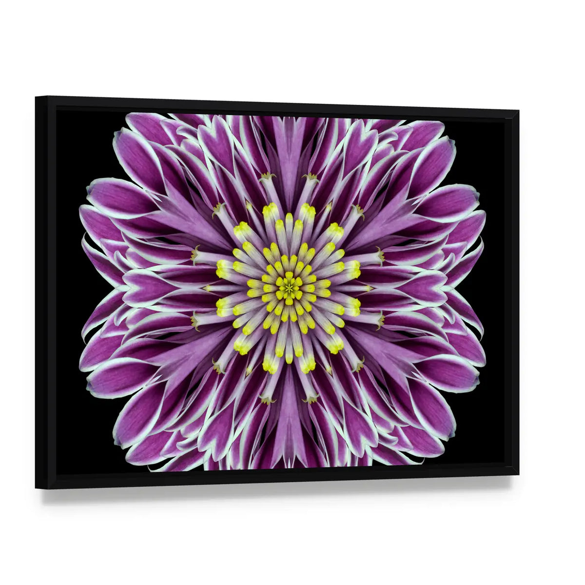 Scenic Purple Mandala Flower Canvas Wall Art, framed canvas in a black floater frame, angled product view