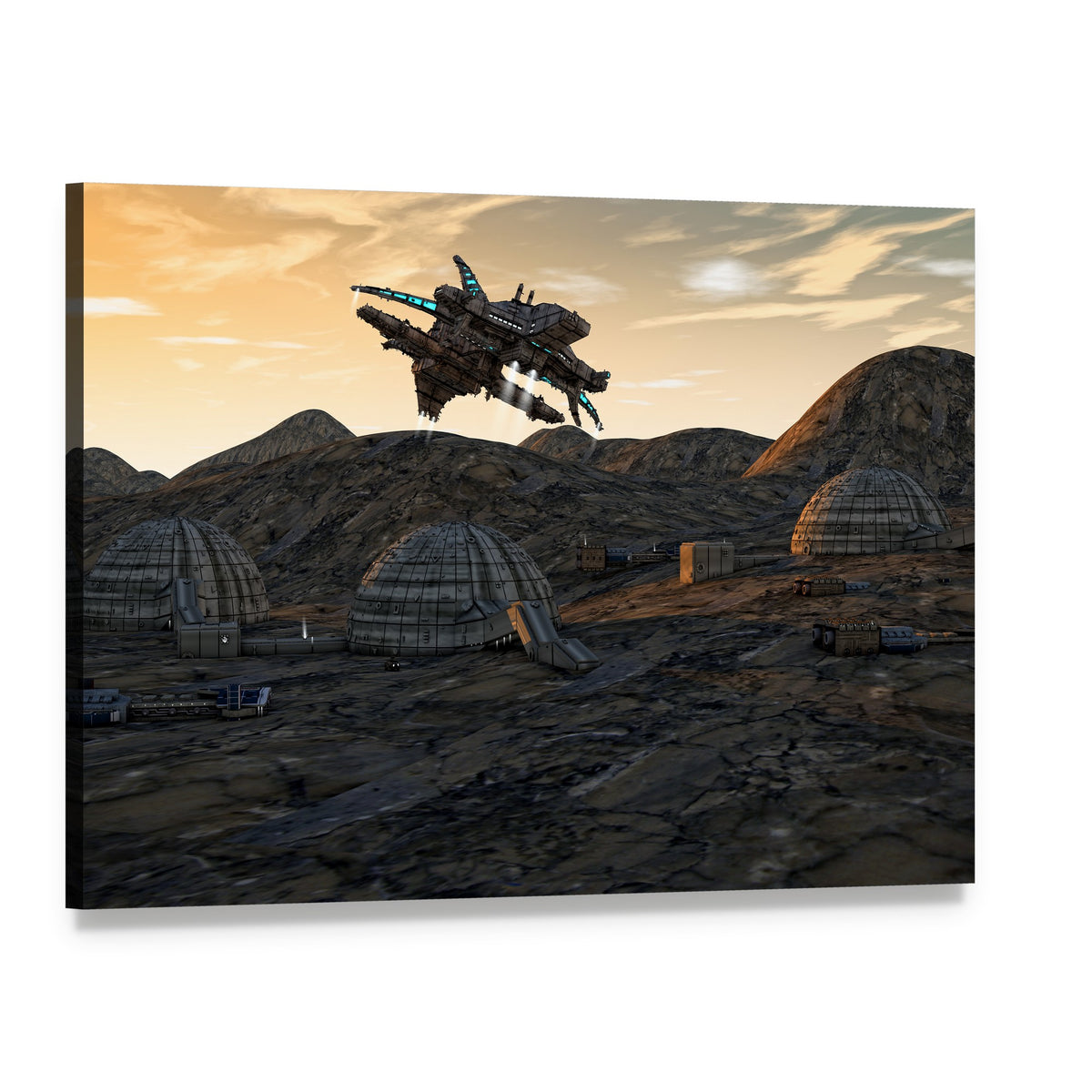 Spaceship Over Alien Village at Dawn Canvas Wall Art, single panel gallery wrapped canvas, angled product view