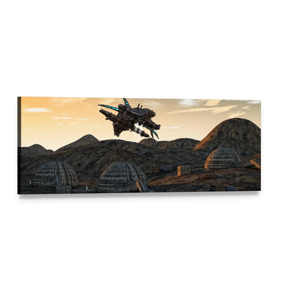 Alien Spaceship Over Dome Habitats Panoramic Canvas Wall Art, single panel gallery wrapped canvas, angled product view