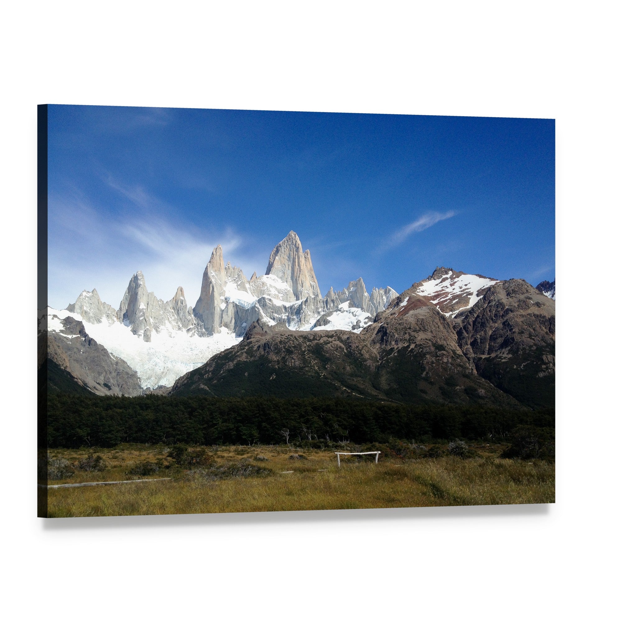 Fitz Roy Peaks Under Clear Blue Sky Canvas Wall Art, single panel gallery wrapped canvas, angled product view