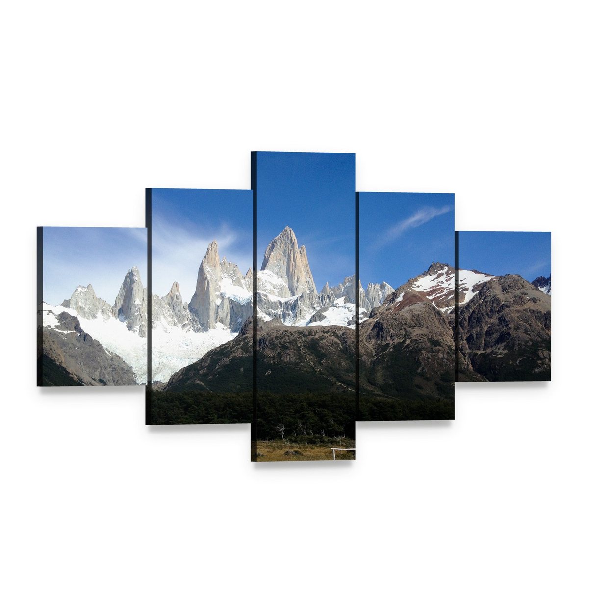 Fitz Roy Peaks Under Clear Blue Sky Canvas Wall Art, 5 panel 5 Star layout gallery wrapped canvas set, angled product view