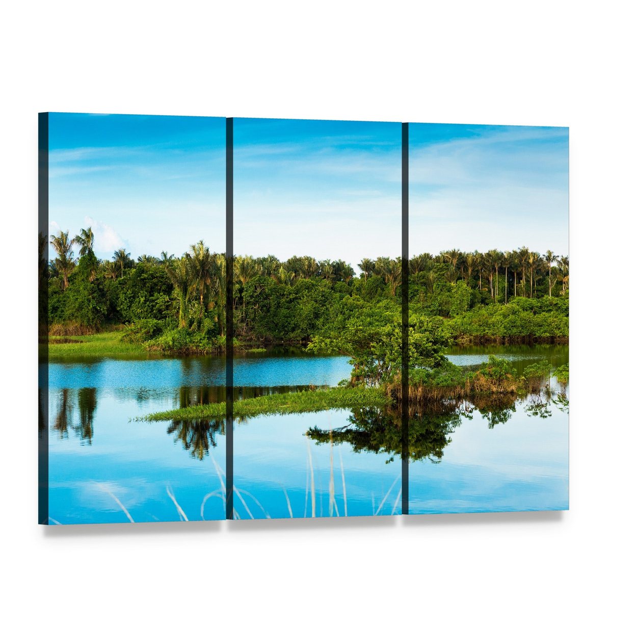 Amazon Wetland Reflection Canvas Wall Art, 3 panel 3 Horizontal layout gallery wrapped canvas set, angled product view
