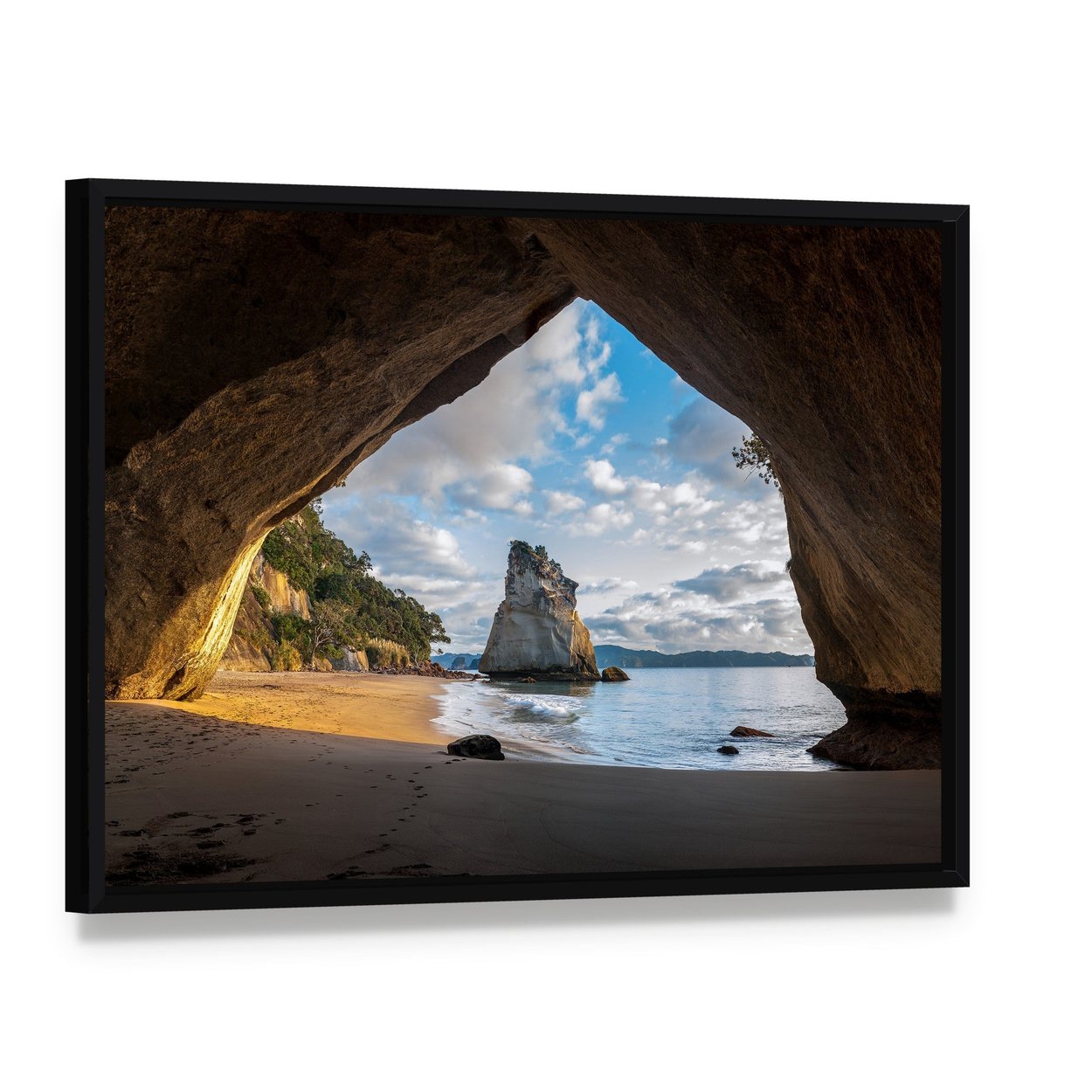 Cathedral Cave at Sunrise Canvas Wall Art, framed canvas in a black floater frame, angled product view