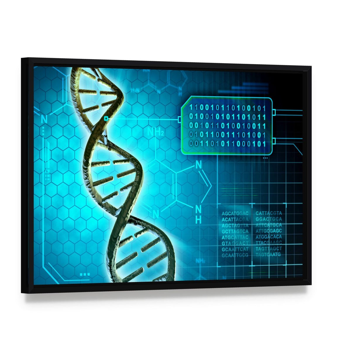 Dna Helix and Binary Code Canvas Wall Art, framed canvas in a black floater frame, angled product view