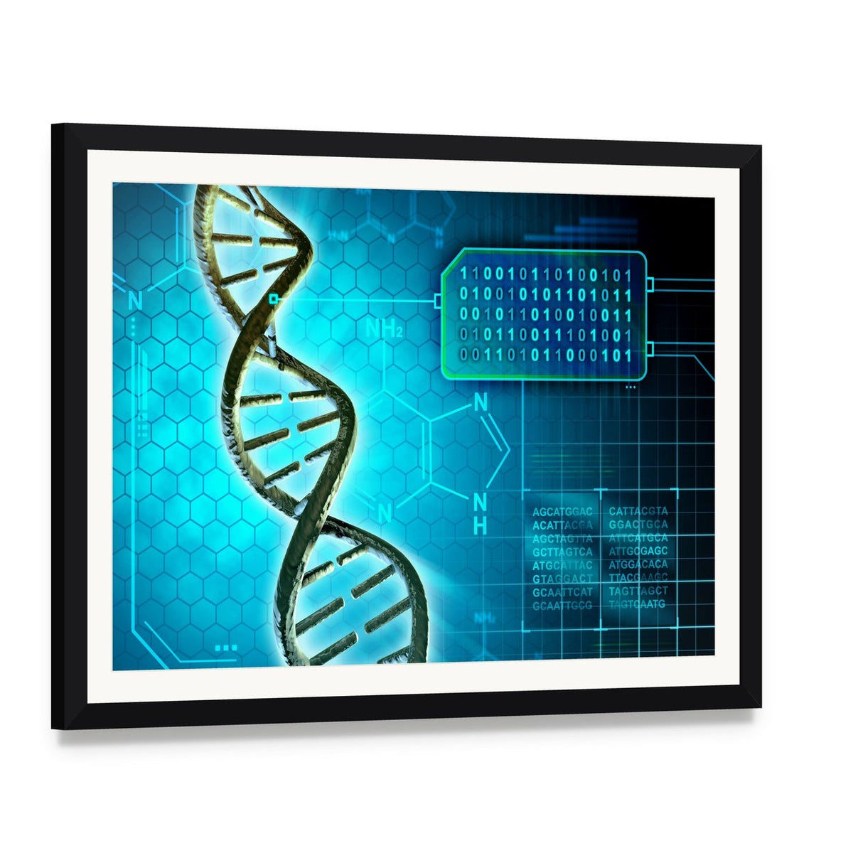 Dna Helix and Binary Code Canvas Wall Art, framed print with white mat and black frame, angled product view