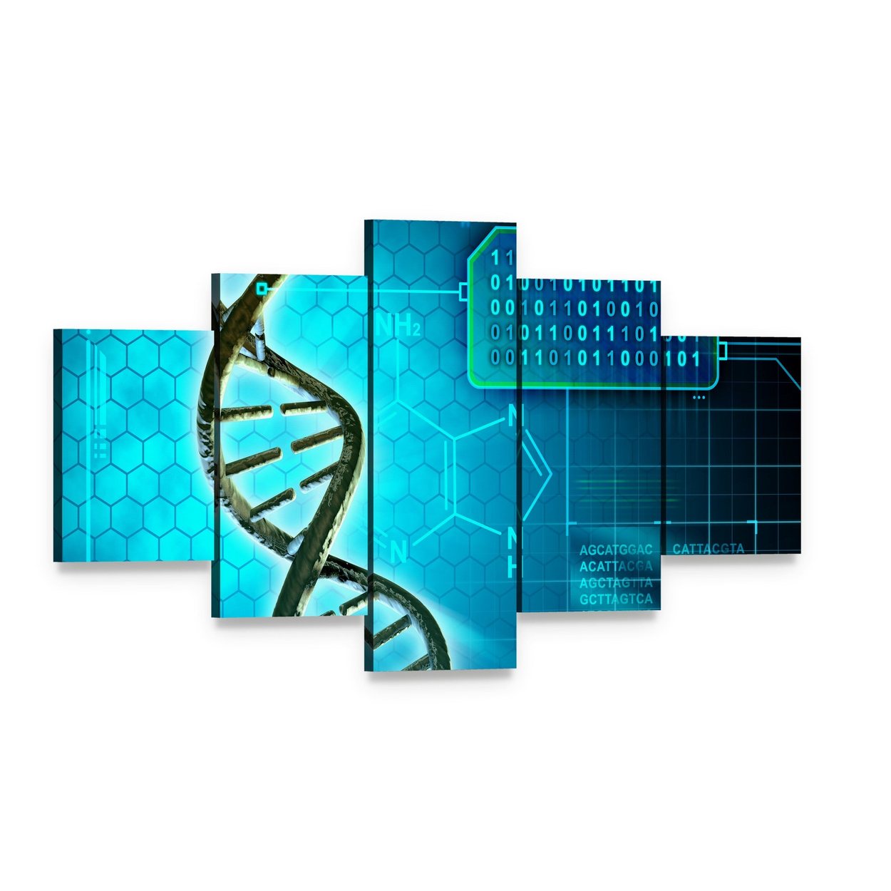 Dna Helix and Binary Code Canvas Wall Art, 5 panel 5 Star layout gallery wrapped canvas set, angled product view