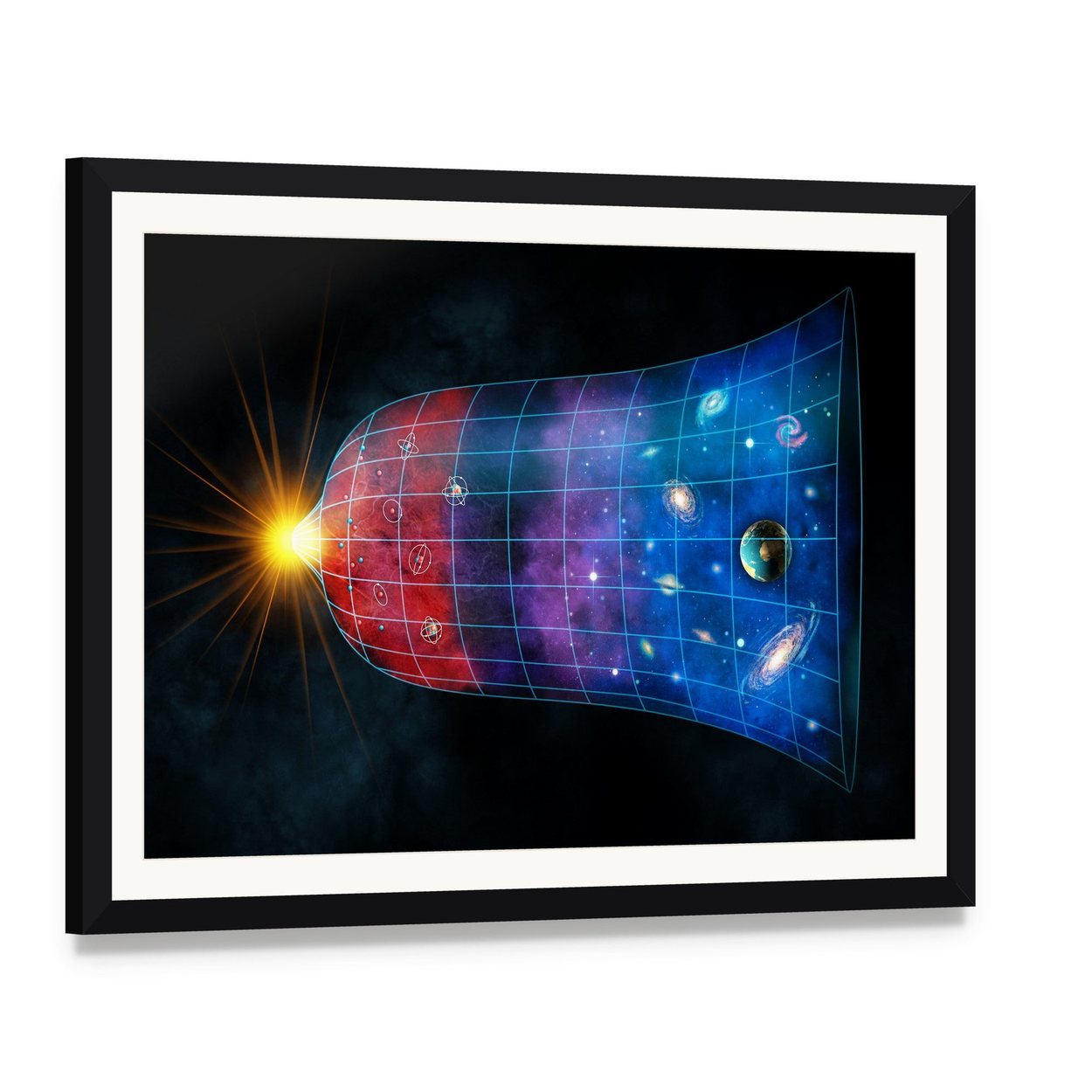 Cosmic Expansion with Galaxies and Planets Canvas Wall Art, framed print with white mat and black frame, angled product view