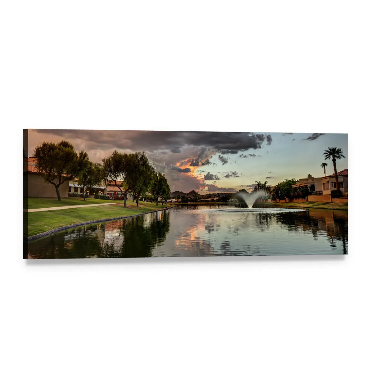Marguerite Lake Sunset Reflections Panoramic Canvas Wall Art, single panel gallery wrapped canvas, angled product view