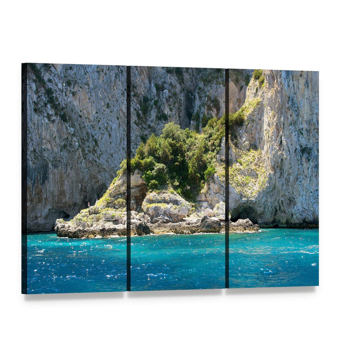 Capri Grotto with Crystal Blue Water Canvas Wall Art, 3 panel 3 Horizontal layout gallery wrapped canvas set, angled product view