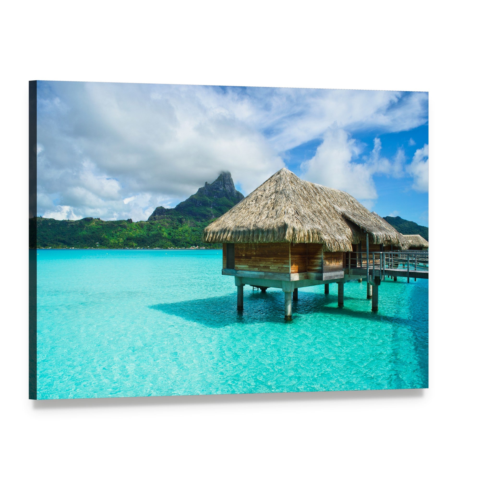 Thatched Roof Bungalow Over Turquoise Water Canvas Wall Art, single panel gallery wrapped canvas, angled product view