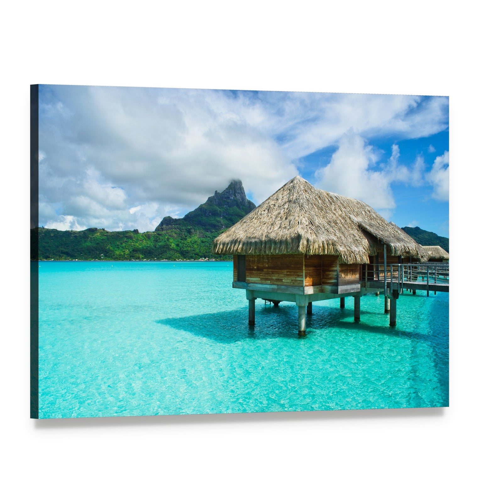 Thatched Roof Bungalow Over Turquoise Water Canvas Wall Art, single panel gallery wrapped canvas, angled product view