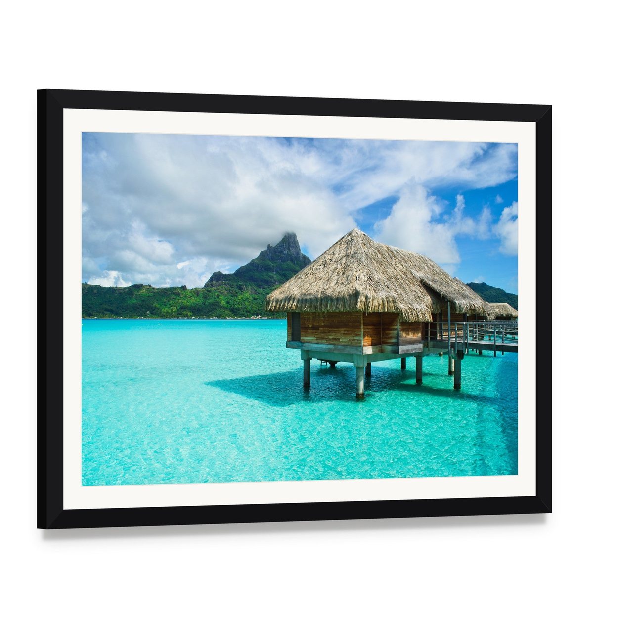 Thatched Roof Bungalow Over Turquoise Water Canvas Wall Art, framed print with white mat and black frame, angled product view