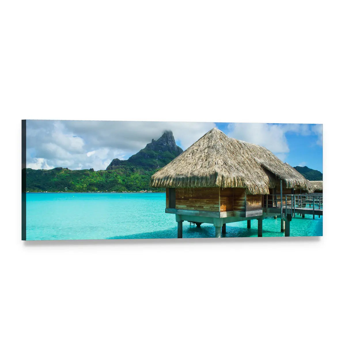 Thatched Overwater Bungalow in Turquoise Lagoon Panoramic Canvas Wall Art, single panel gallery wrapped canvas, angled product view