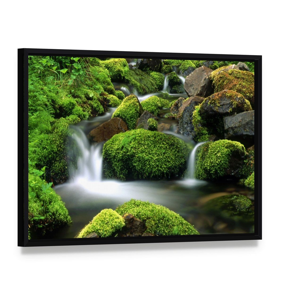 Beautiful Mountain Stream Canvas Wall Art, framed canvas in a black floater frame, angled product view