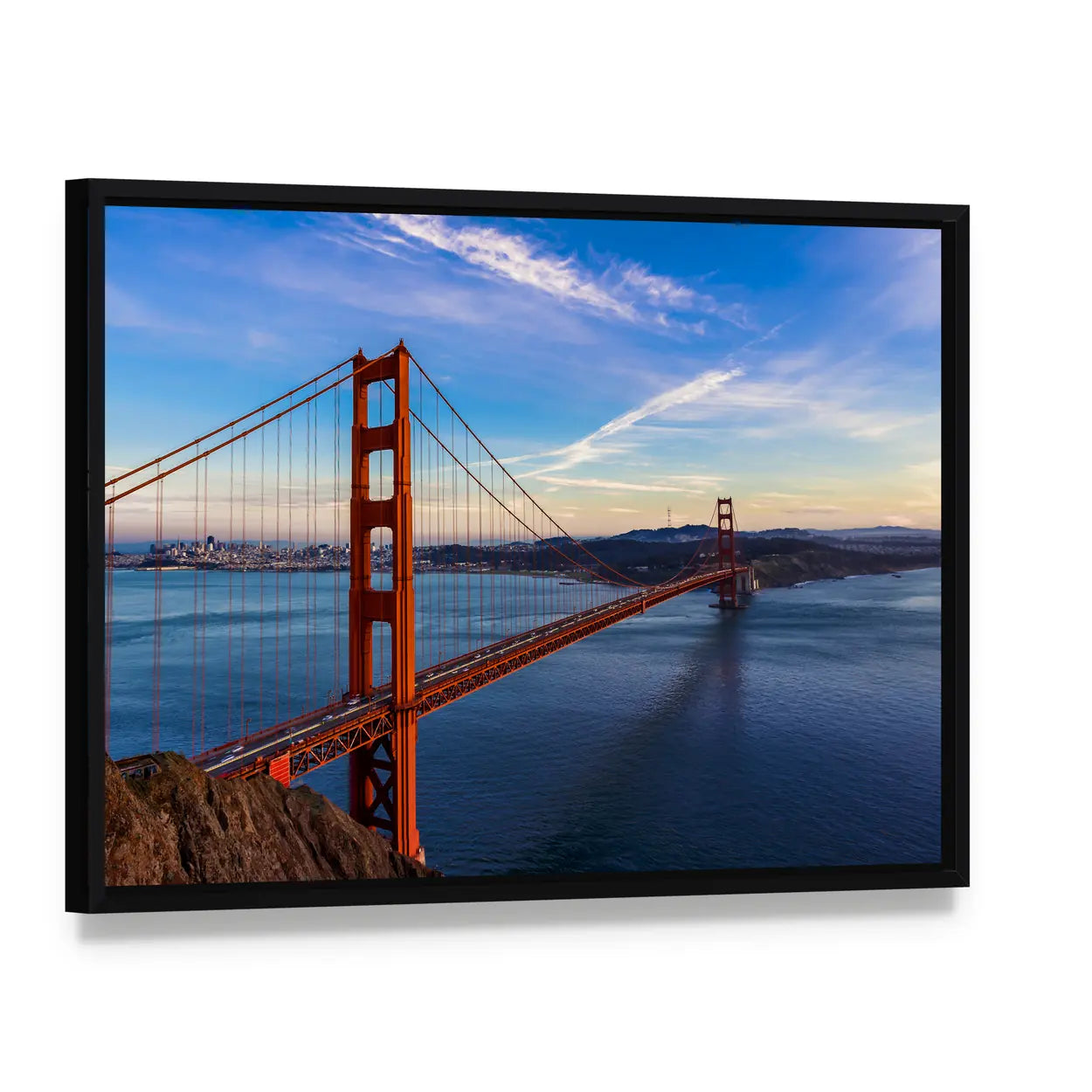 Golden Gate Bridge at Golden Hour San Francisco Canvas Wall Art, framed canvas in a black floater frame, angled product view