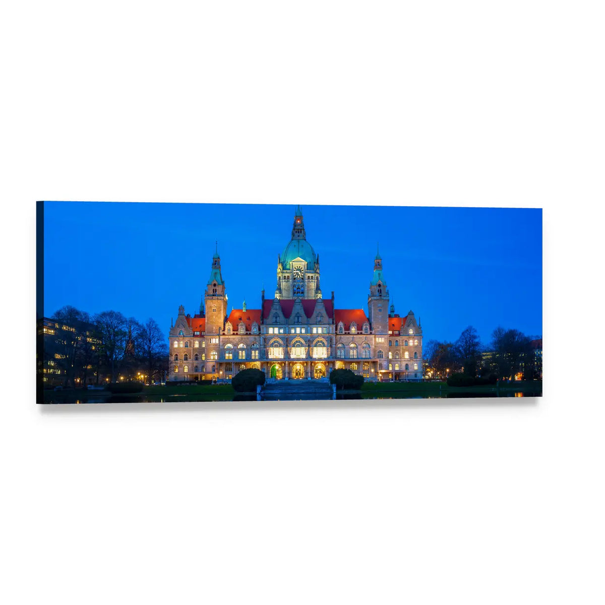 New City Hall in Hanover Panoramic Canvas Wall Art, single panel gallery wrapped canvas, angled product view