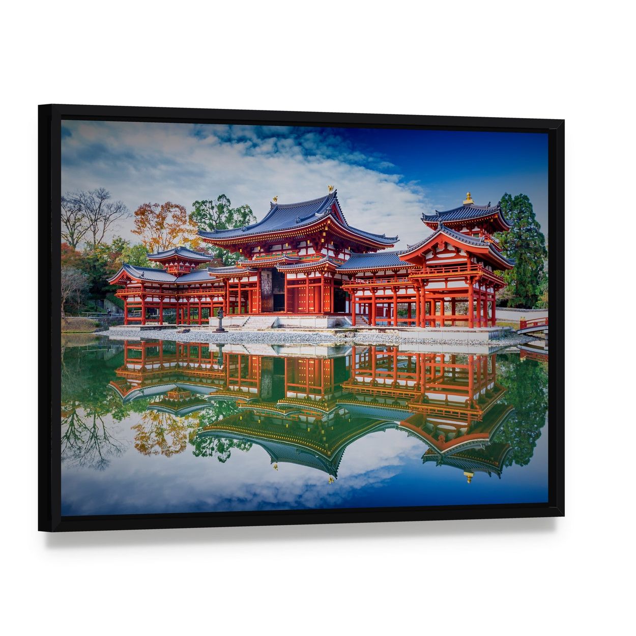 Byodo-in Temple Reflection Canvas Wall Art, framed canvas in a black floater frame, angled product view