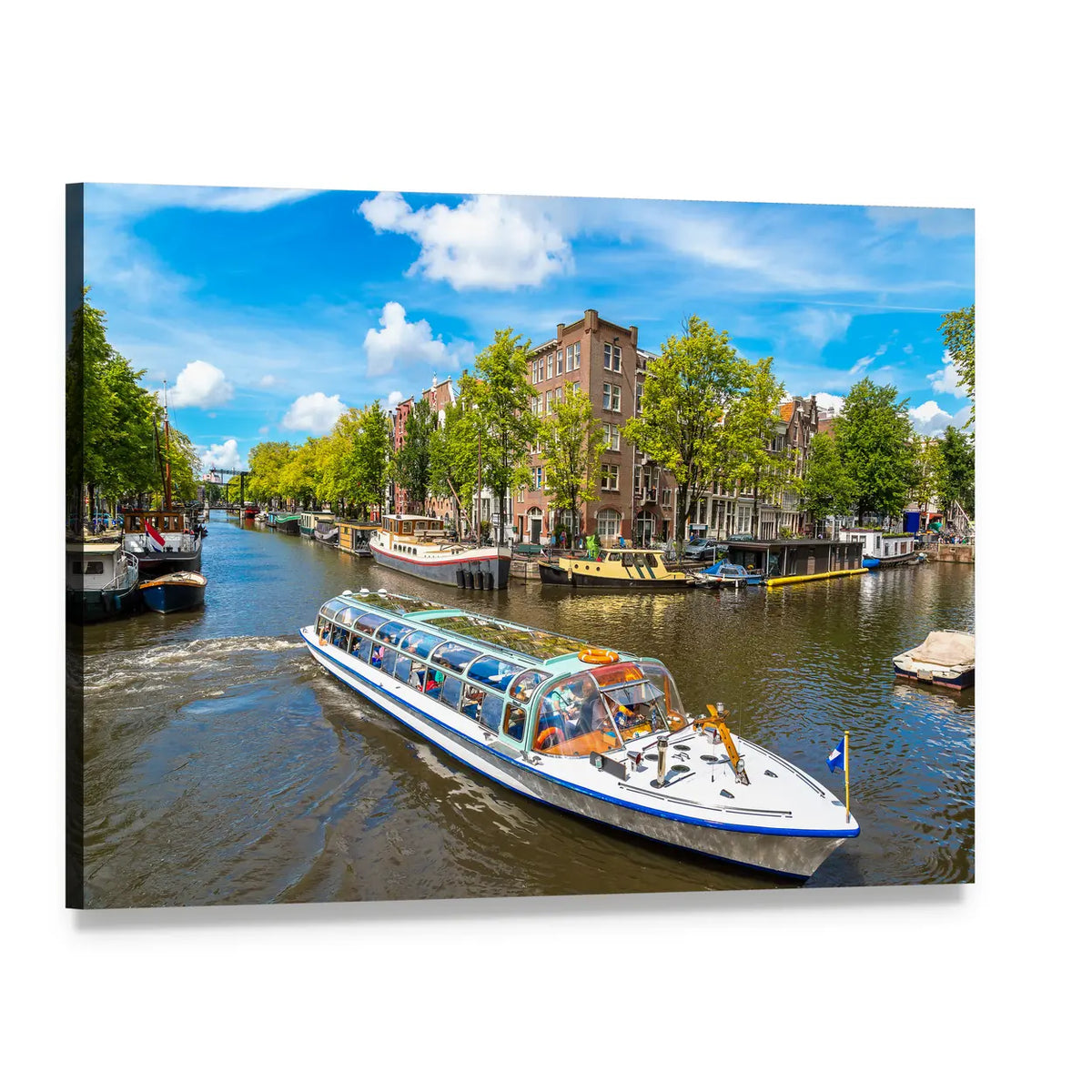 Glass-roofed Boat on Amsterdam Canal Canvas Wall Art, single panel gallery wrapped canvas, angled product view