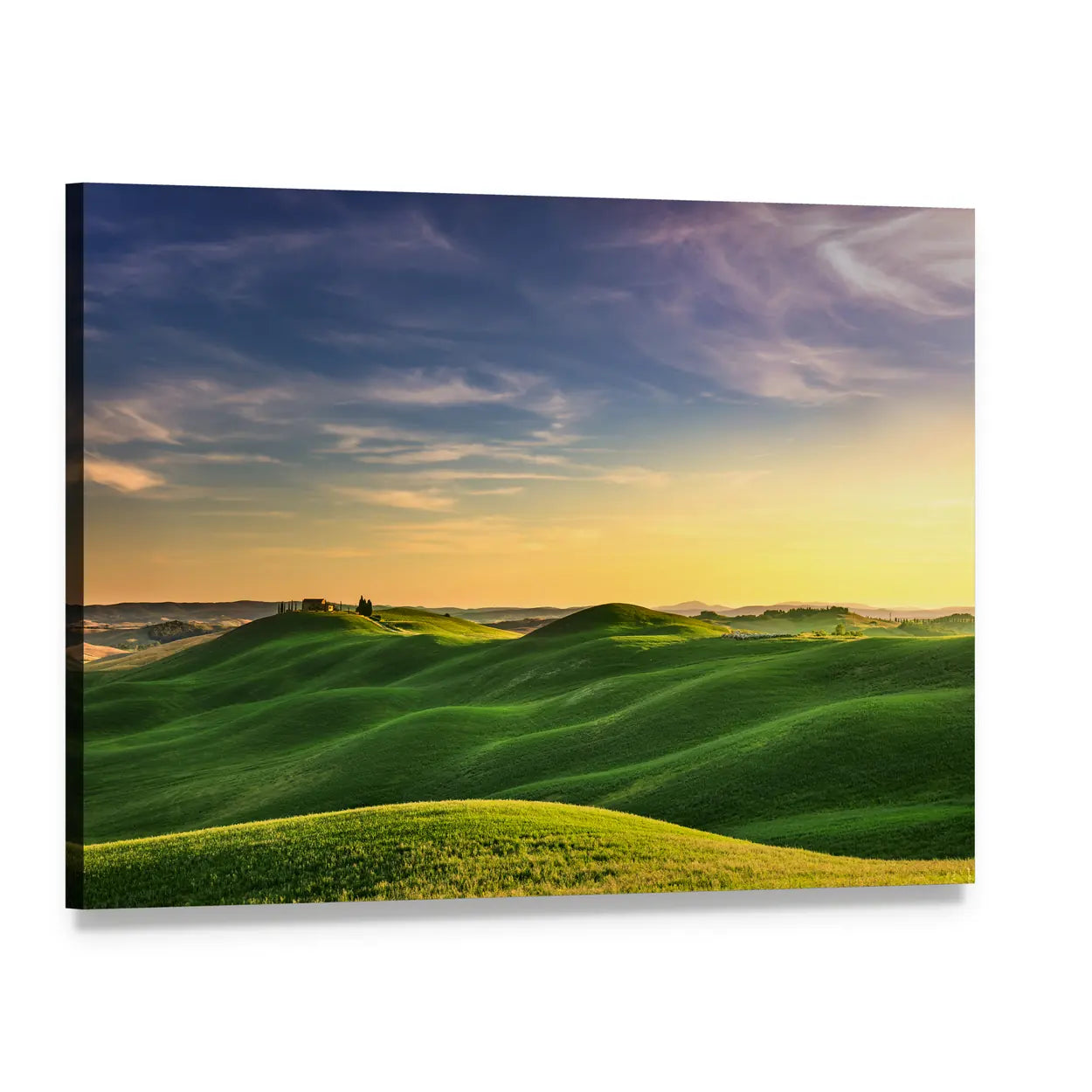 Rolling Green Hills at Sunrise Canvas Wall Art, single panel gallery wrapped canvas, angled product view