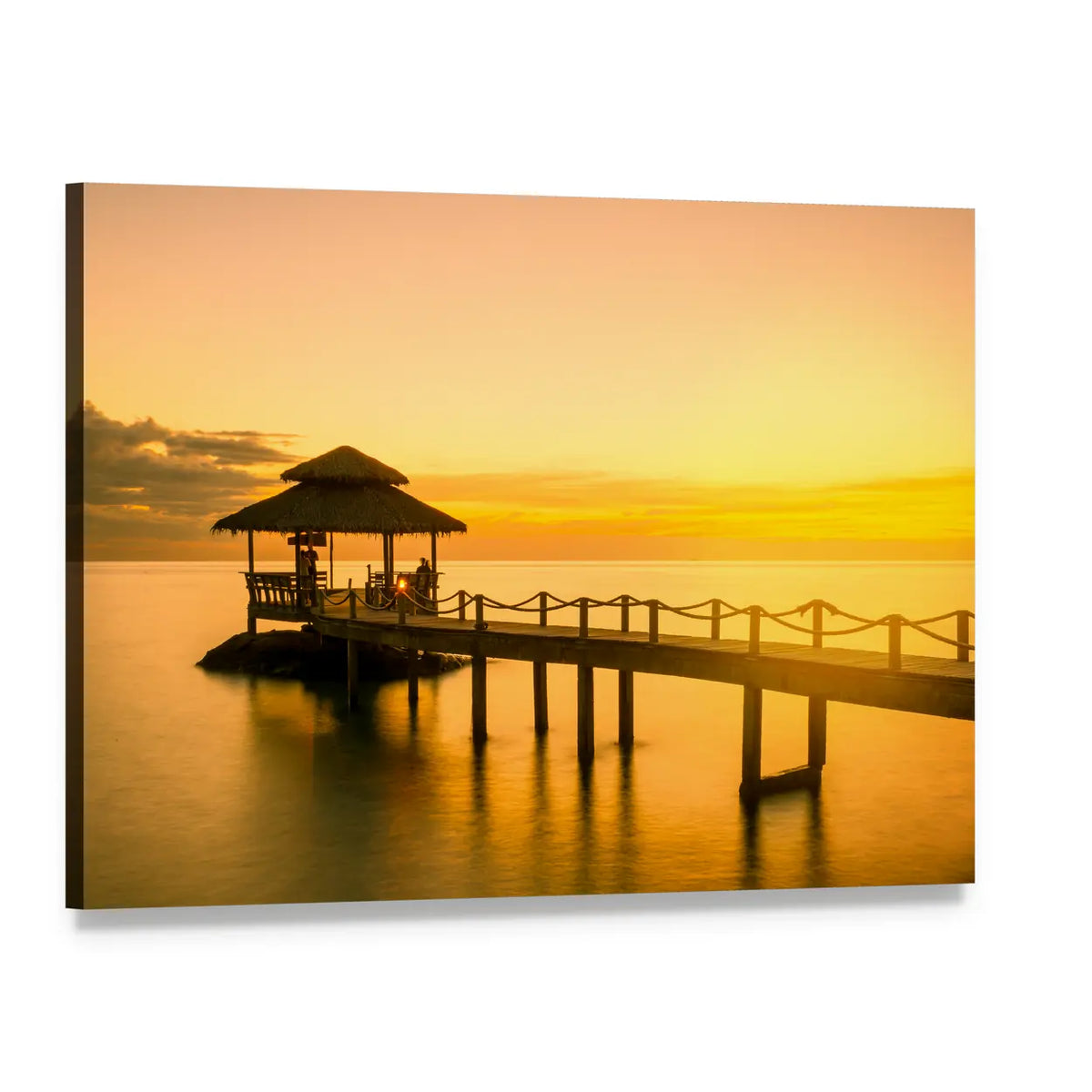 Wooden Pier and Thatched Gazebo at Sunset Canvas Wall Art, single panel gallery wrapped canvas, angled product view