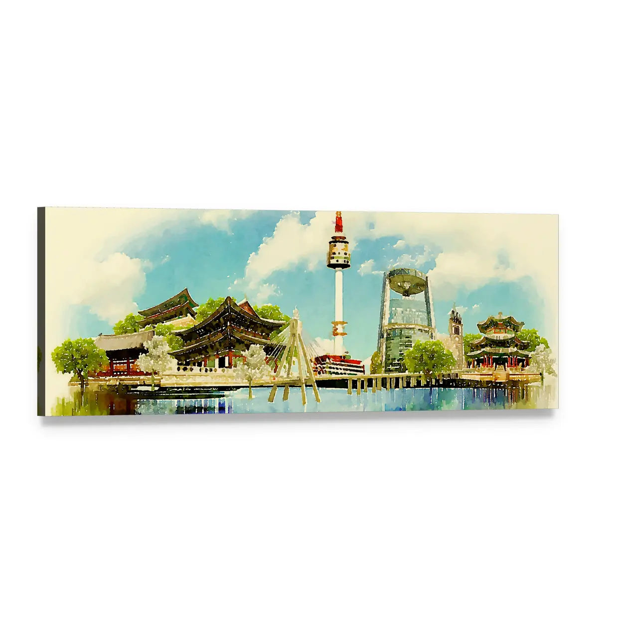 Seoul Watercolor Skyline Illustration Panoramic Canvas Wall Art, single panel gallery wrapped canvas, angled product view