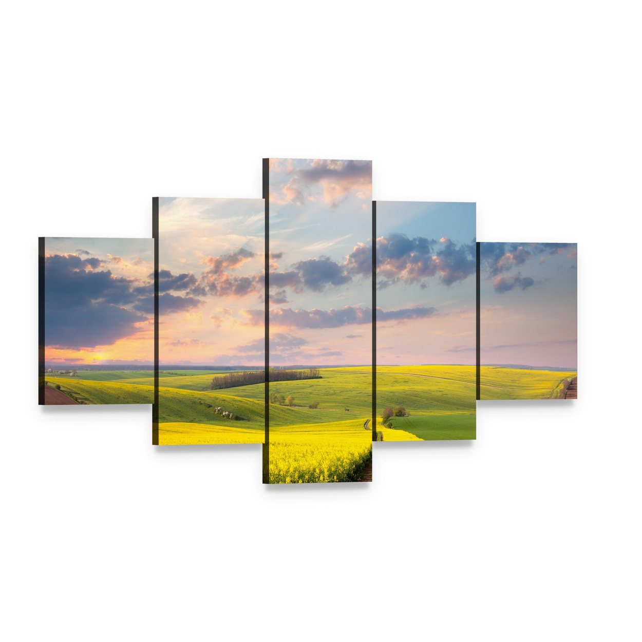 Field of Yellow Flowers with Winding Path Canvas Wall Art, 5 panel 5 Star layout gallery wrapped canvas set, angled product view