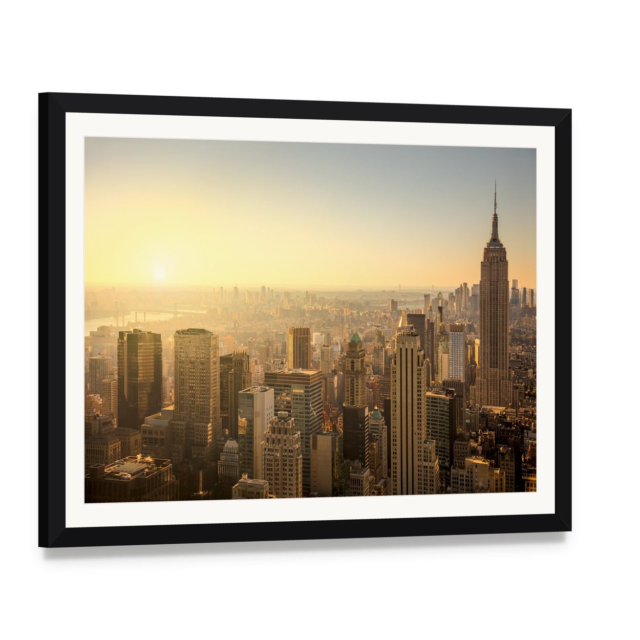 New York City Skyline Canvas Wall Art, framed print with white mat and black frame, angled product view