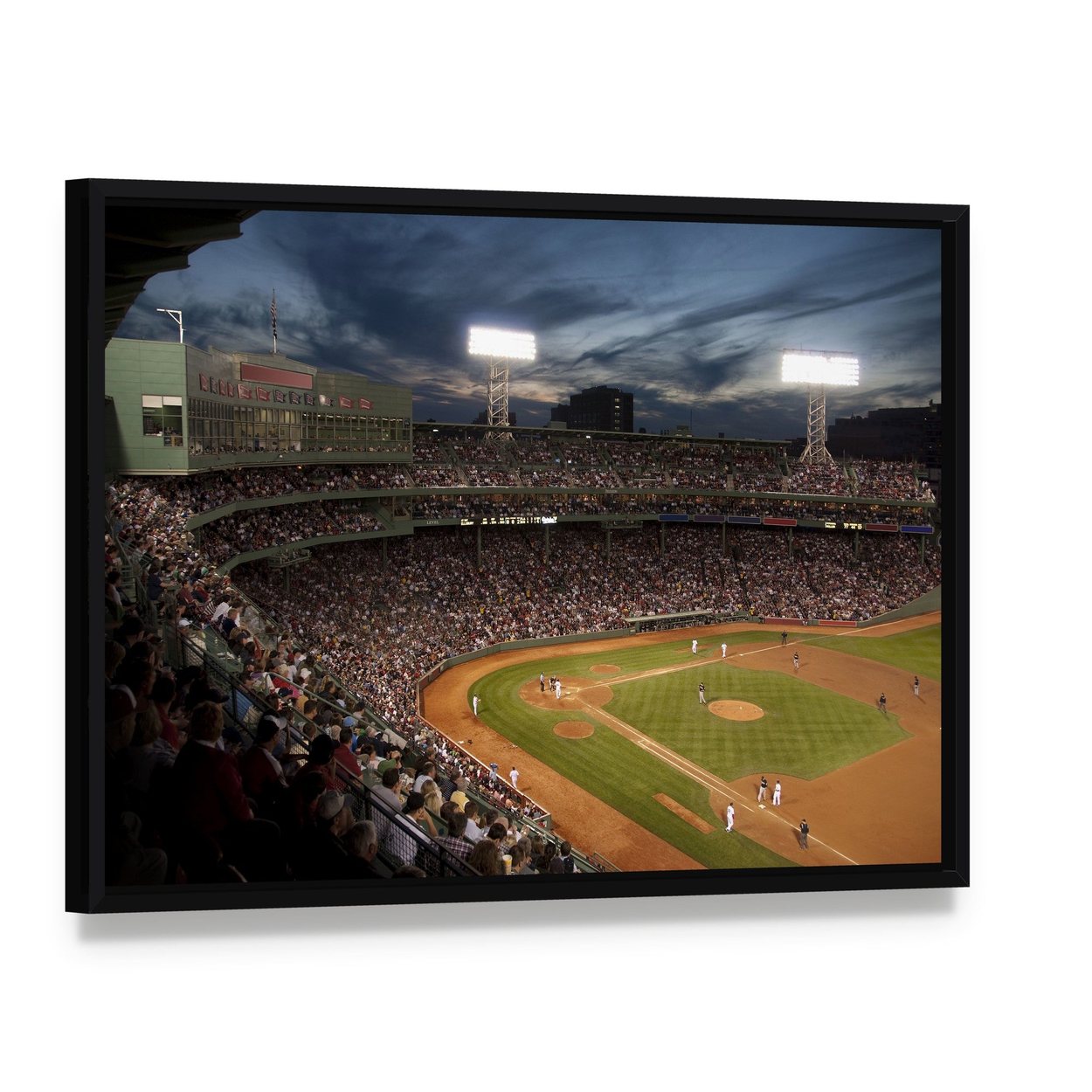 Baseball Match at Night Canvas Wall Art, framed canvas in a black floater frame, angled product view