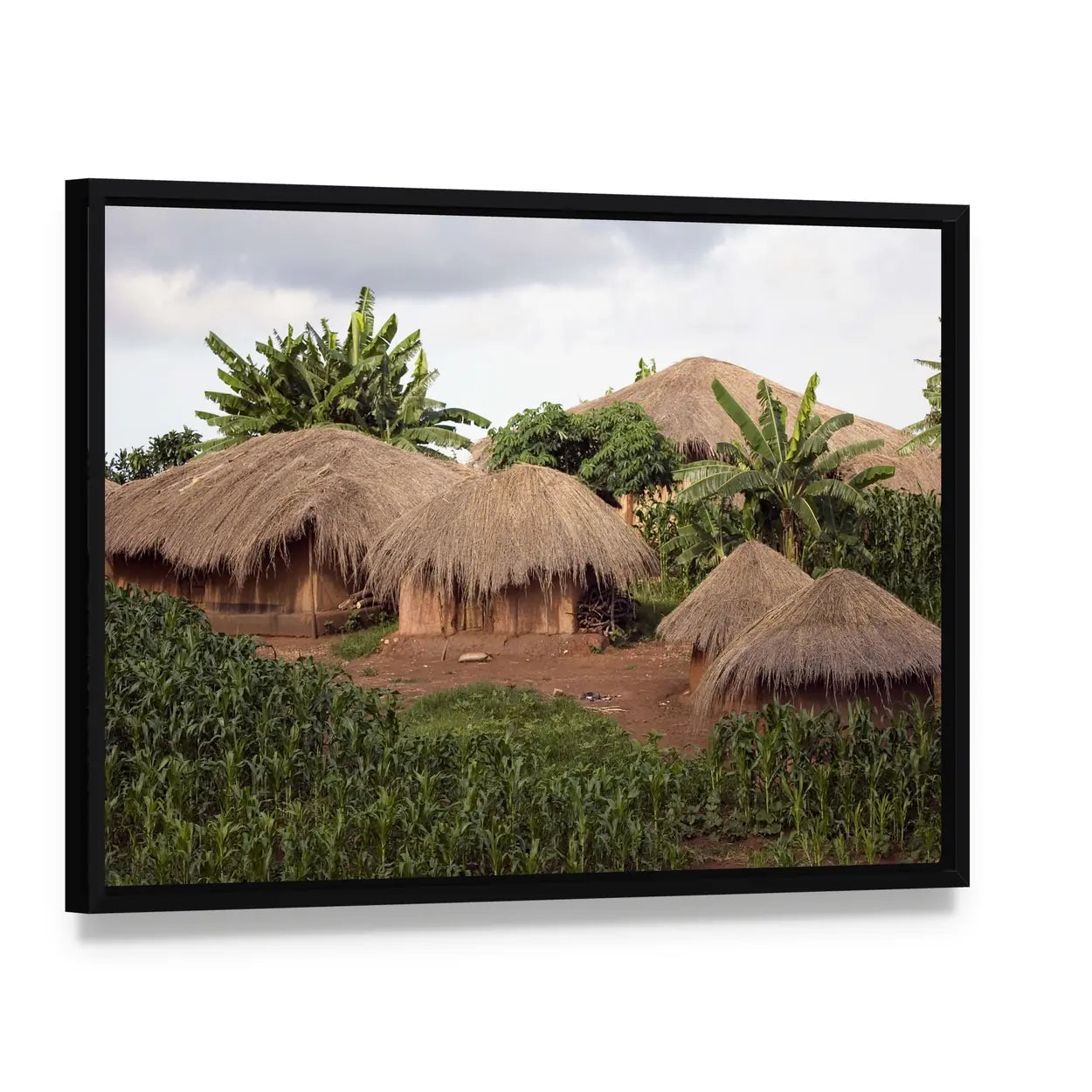 Thatched Huts In Small Village In Rural Malawi Africa Canvas Wall Art, framed canvas in a black floater frame, angled product view