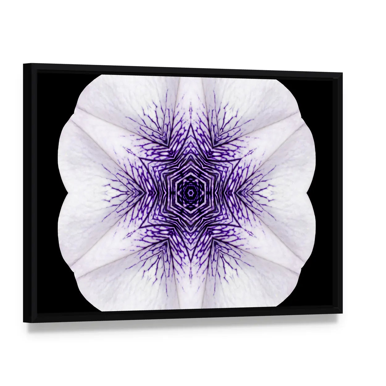 White Flower Mandala Canvas Wall Art, framed canvas in a black floater frame, angled product view